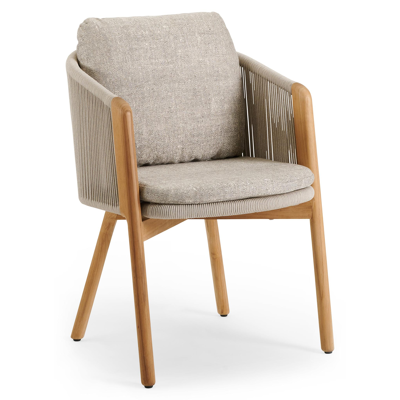 Gardo tuinstoel in teak en beige verticaal geweven ronde rope met kussen in chartres pewter all weather sunbrella® luxe