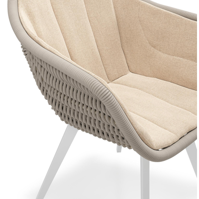 Pagino tuinstoel in wit aluminium en beige verticaal geweven ronde rope met zitkussen in All Weather Sunbrella® Luxe Natte Heather Beige