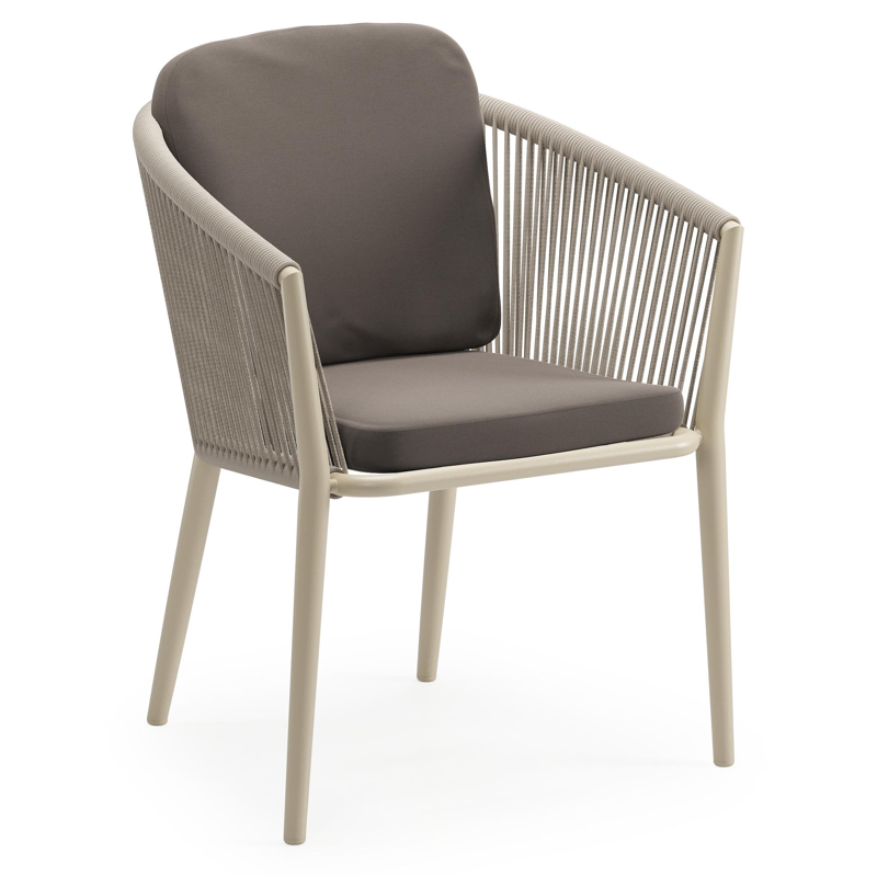 Orso tuinstoel in beige aluminium en beige verticaal geweven ronde rope met luxe zitkussen in All Weather Sunbrella® Luxe Natte Nature Grey