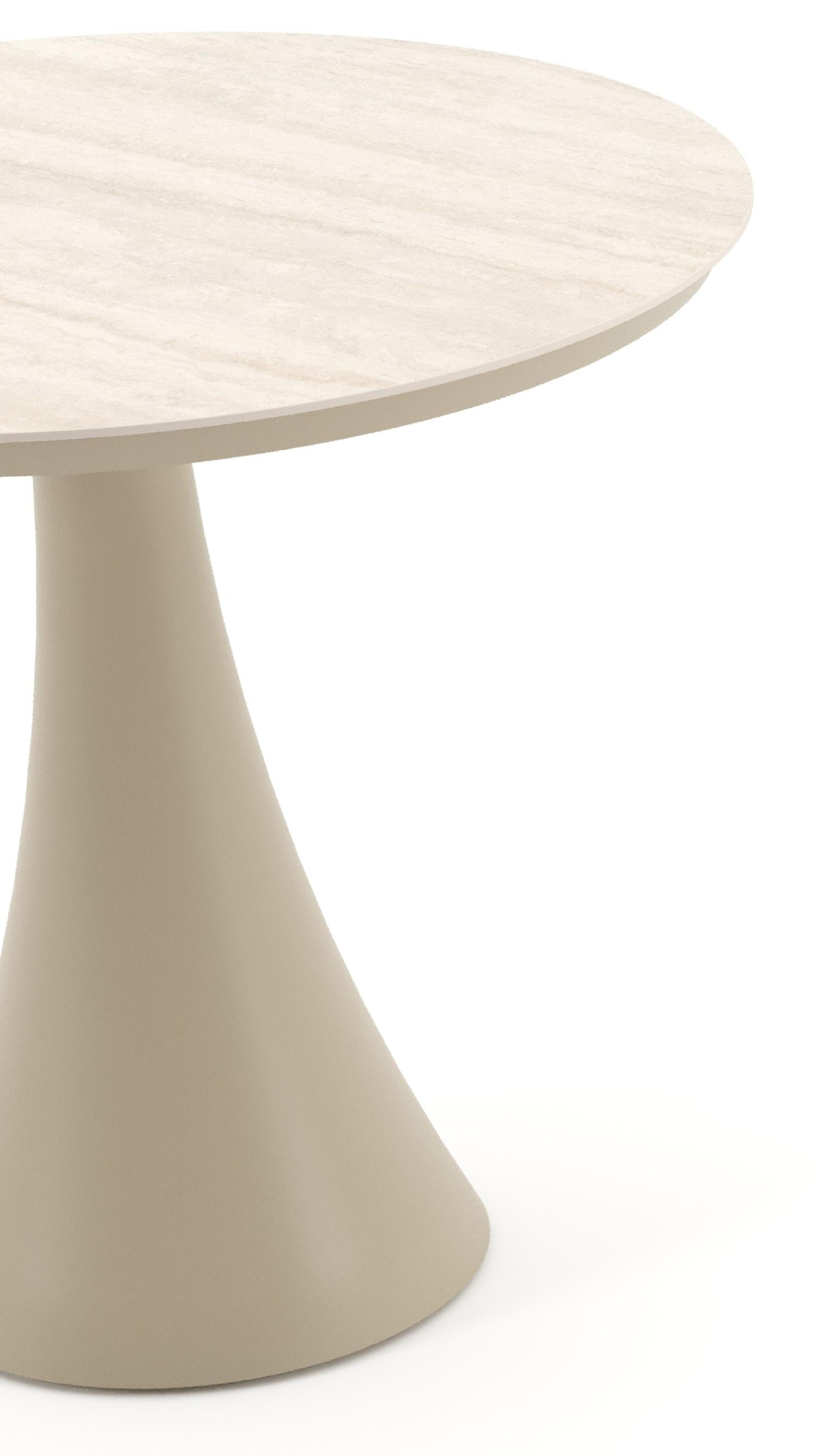 Table de jardin Fano ronde en aluminium beige et céramique pleine Travertino Bianco - Diam. 85 x Haut. 75 cm
