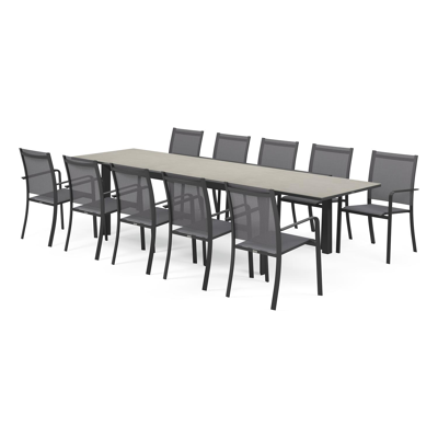 Aspra tuinset met verlengbare tafel in zwart aluminium en grijs volkeramiek op glas tafelblad met 10 stapelbare Calobra tuinstoelen