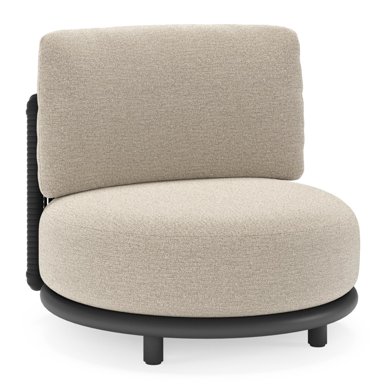 Lomano loungestoel in zwart aluminium en beige verticaal geweven luxe vlakke rope met catania greige all weather cosytica kussen