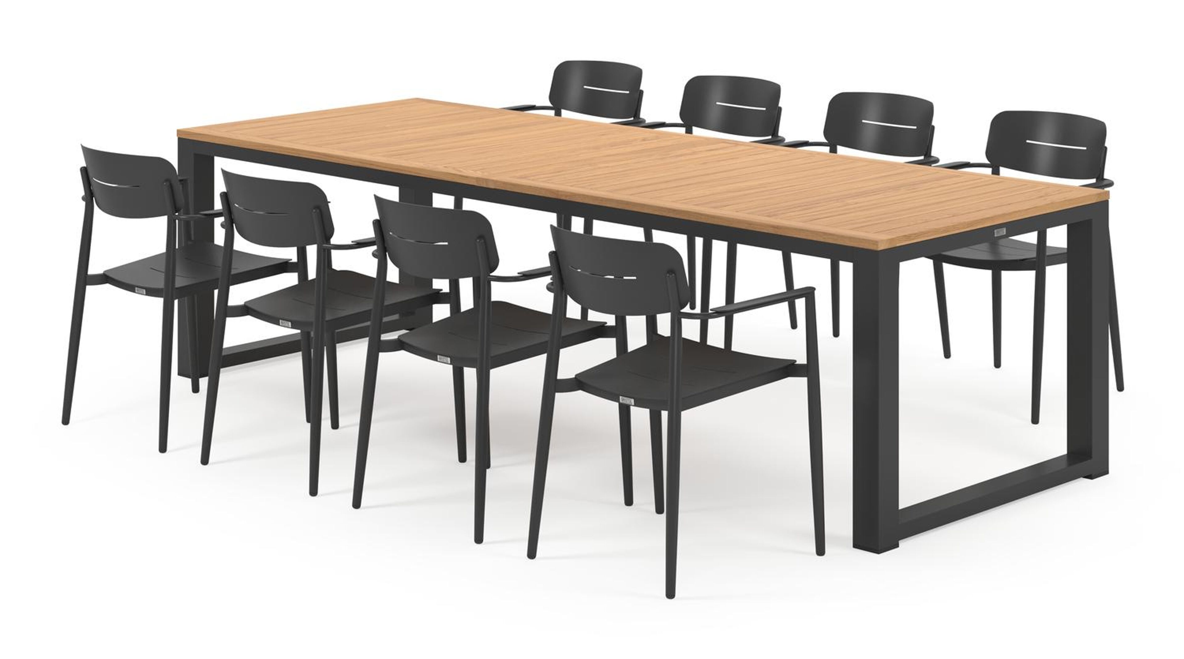 Livo tuinset in zwart aluminium en natural finish teak tafelblad met 8 stapelbare Cosa tuinstoelen