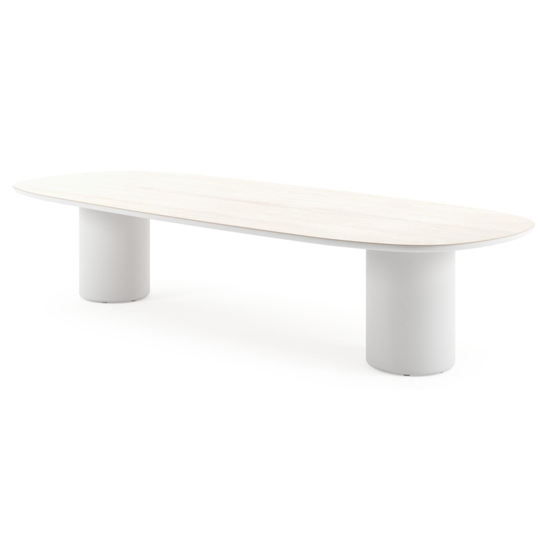 Amico low dining tuintafel bombo in wit aluminium en volkeramiek Travertino Bianco - L 320 x B 130 x H 61 cm