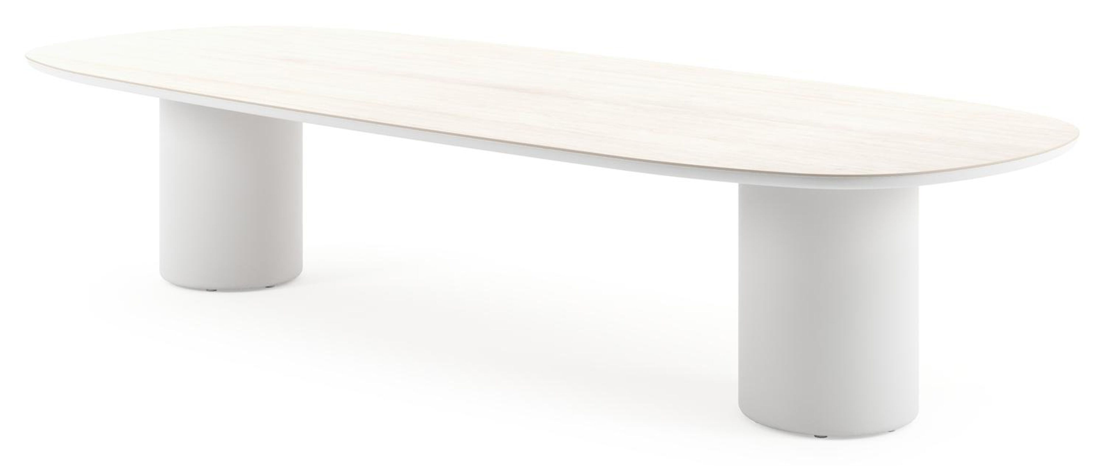 Amico low dining tuintafel bombo in wit aluminium en volkeramiek Travertino Bianco - L 320 x B 130 x H 61 cm