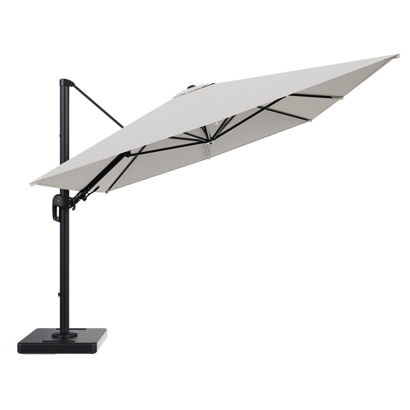 Rufina zweefparasol tiltfunctie in zwart aluminium en parasoldoek in All Weather Sunbrella® Luxe Lopi Marble - L1 400 x L2 300 cm met parasolvoet Lapido 160 kg