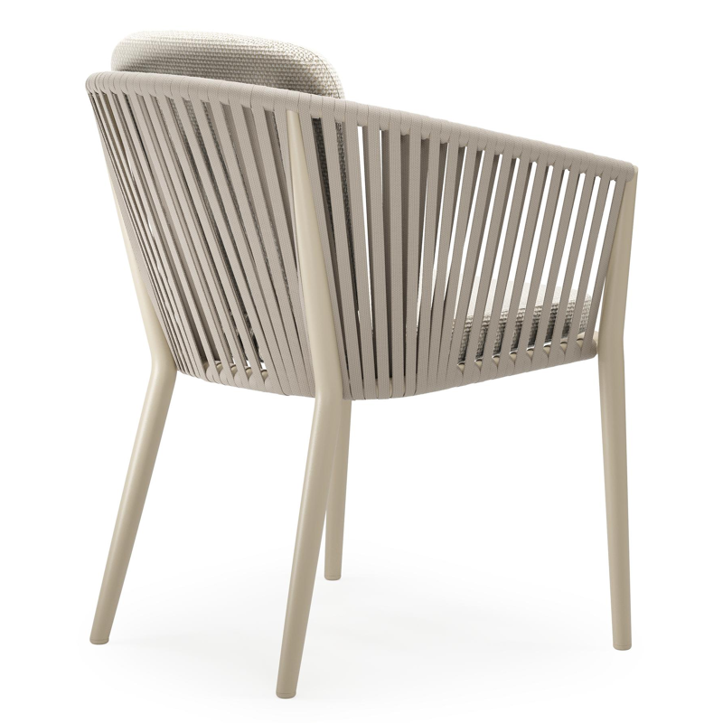 Orso tuinstoel in beige aluminium en beige verticaal geweven vlakke rope met zitkussen in All Weather Cosytica Althea Off White