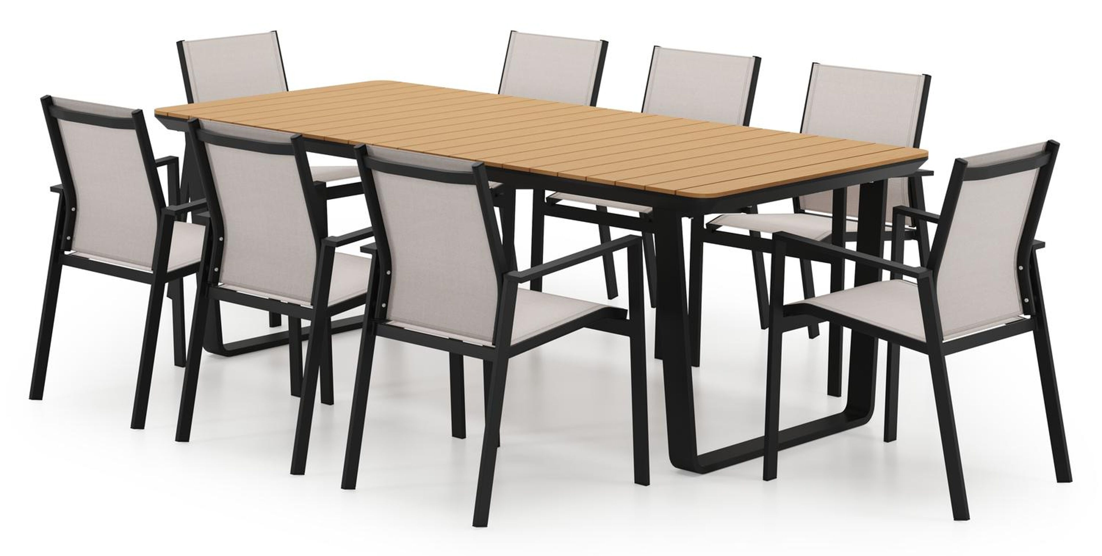 Ensemble de jardin Alora en aluminium noir et polywood avec 8 chaises de jardin empilable Bahia