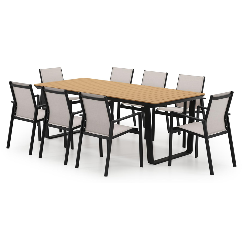 Ensemble de jardin Alora en aluminium noir et polywood avec 8 chaises de jardin empilable Bahia