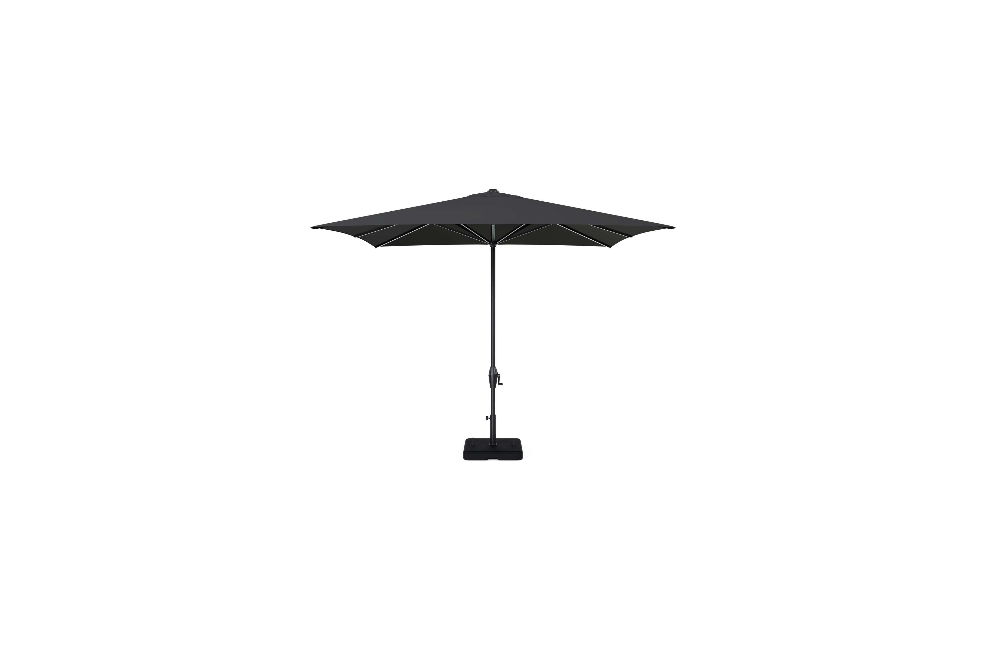 Viola staanparasol in zwart aluminium met zwart weather+ softtouch parasoldoek - L1 300 x L2 300 cm met parasolvoet Intenso 60 kg