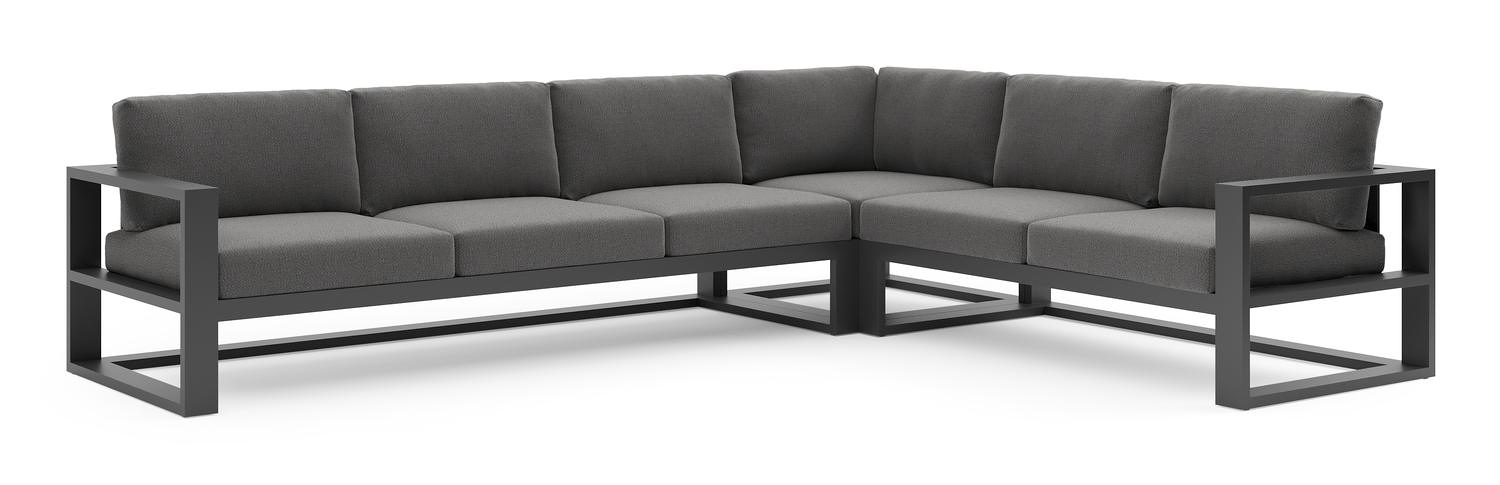 Salon de jardin d'angle Verato en aluminium noir et coussins en all weather sunbrella® luxe savane tornado