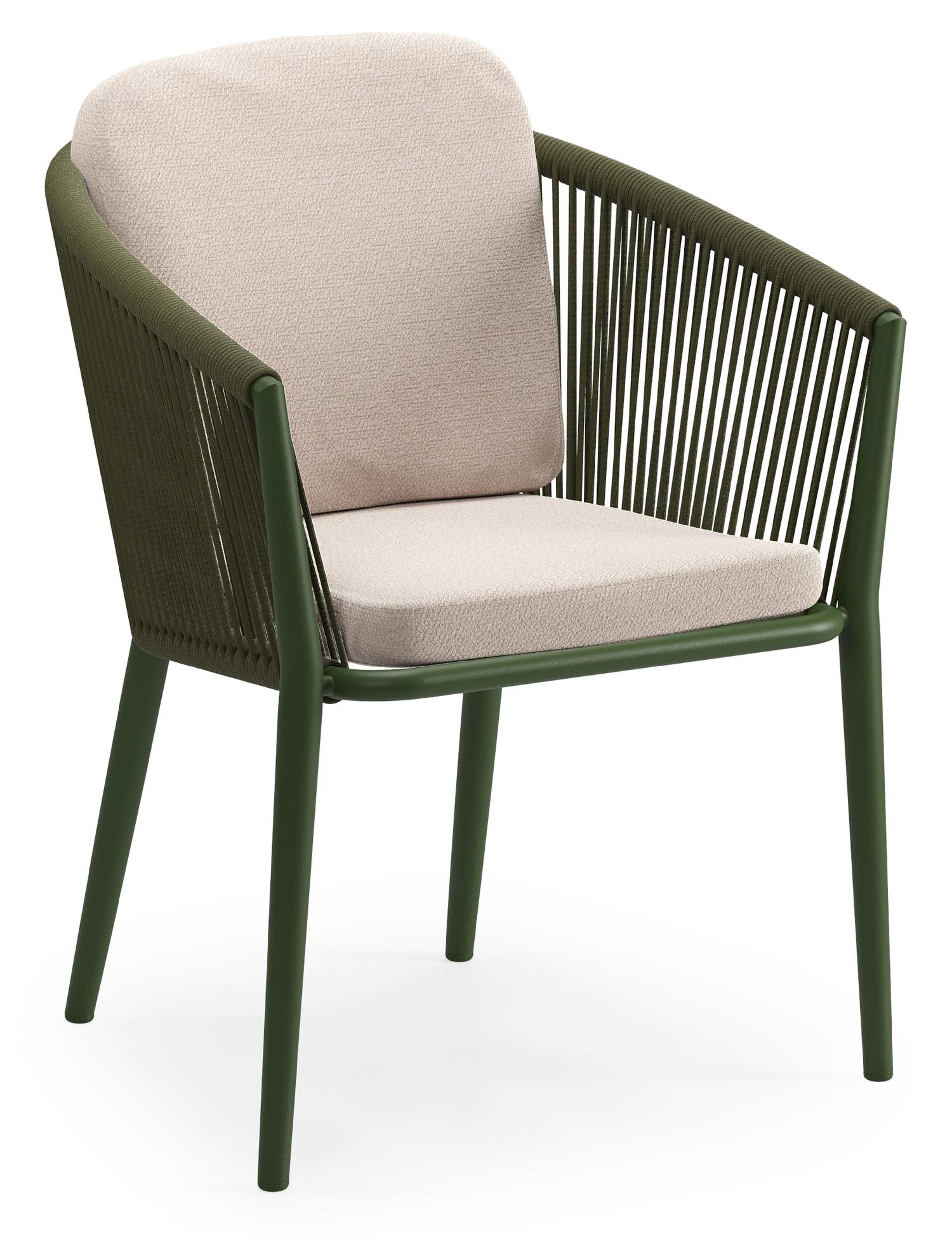 Orso tuinstoel in groen aluminium en groen verticaal geweven ronde rope met luxe zitkussen in All Weather Sunbrella® Luxe Wander Pilat