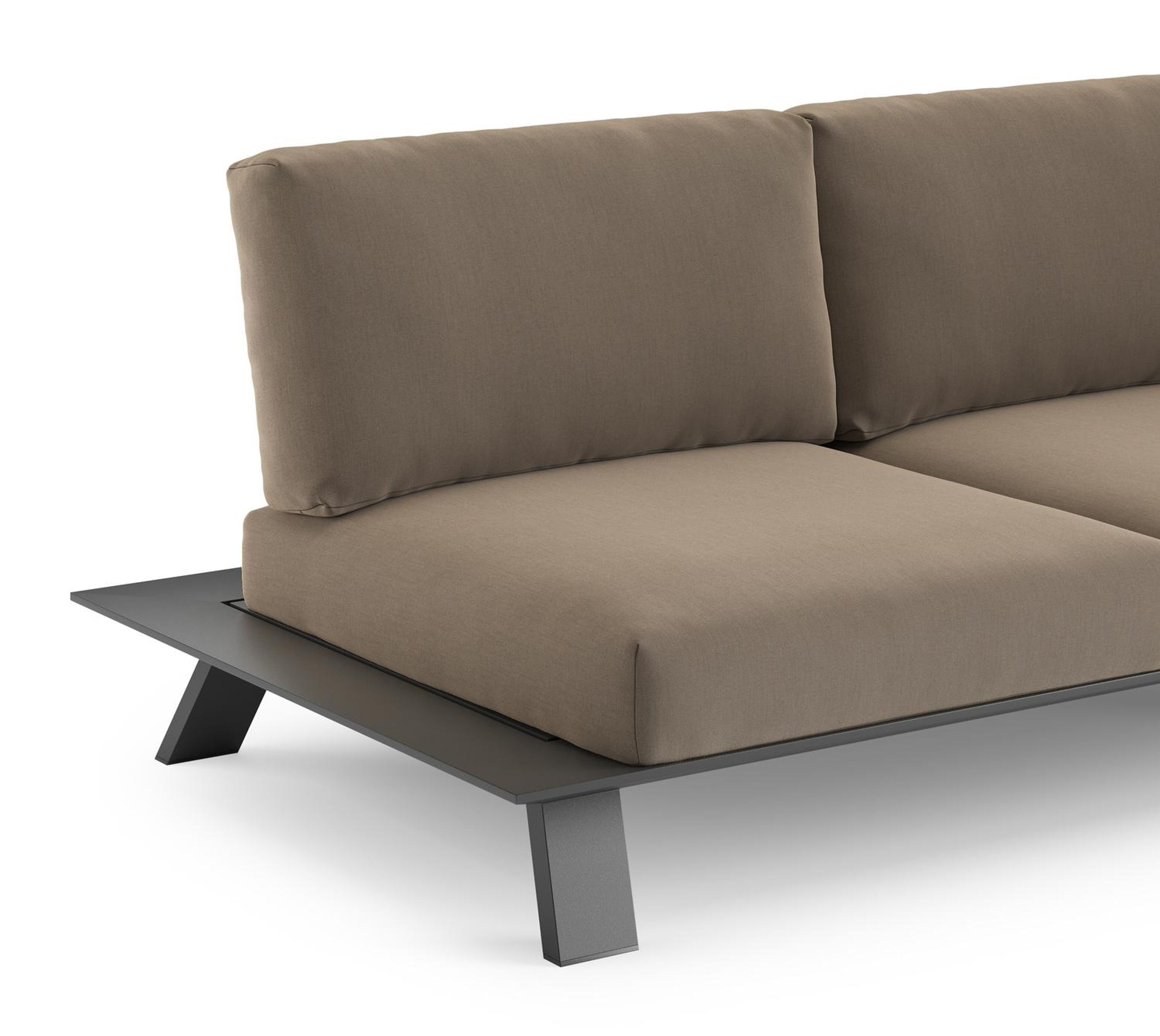 Salon de jardin d'angle Cesano en aluminium noir et coussin en all weather Sunbrella® luxe natte heather grey