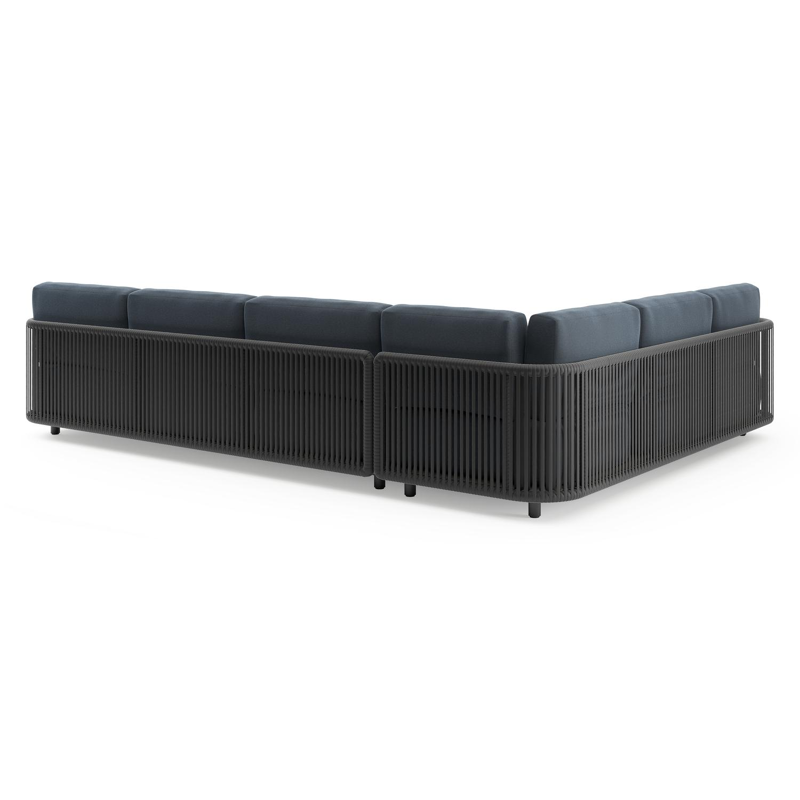 Organo loungehoek in zwart aluminium en zwart verticaal geweven luxe vlakke rope met heritage indigo all weather Sunbrella® luxe kussen