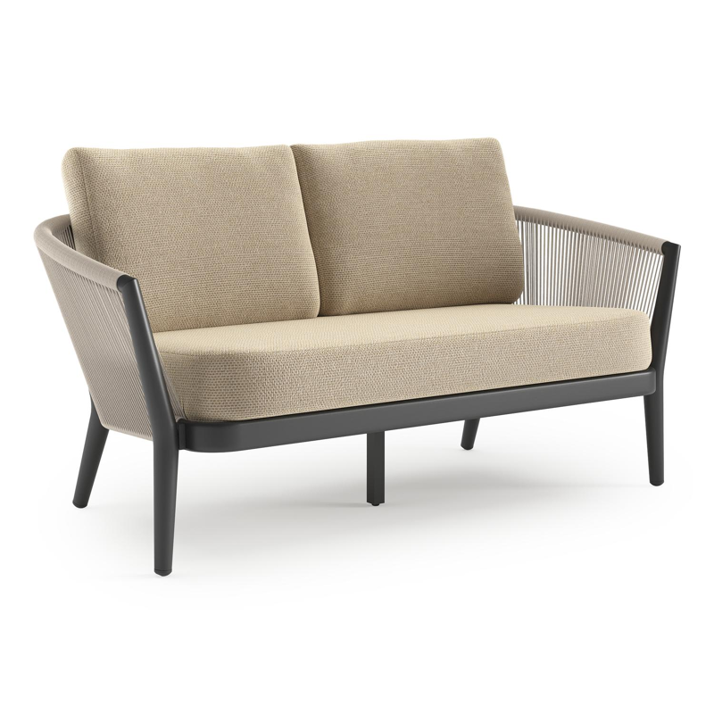 Orso loungebank in zwart aluminium en beige verticaal geweven ronde rope met Althea Camel all weather cosytica kussen