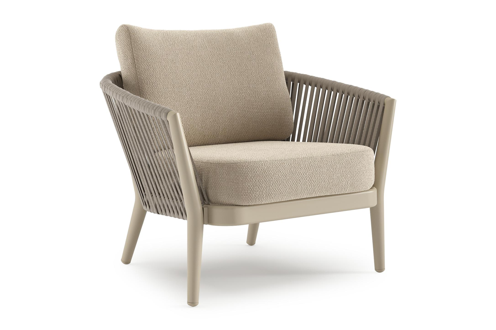 Orso loungestoel in beige aluminium en beige verticaal geweven ronde rope met Althea Chalk all weather cosytica kussen