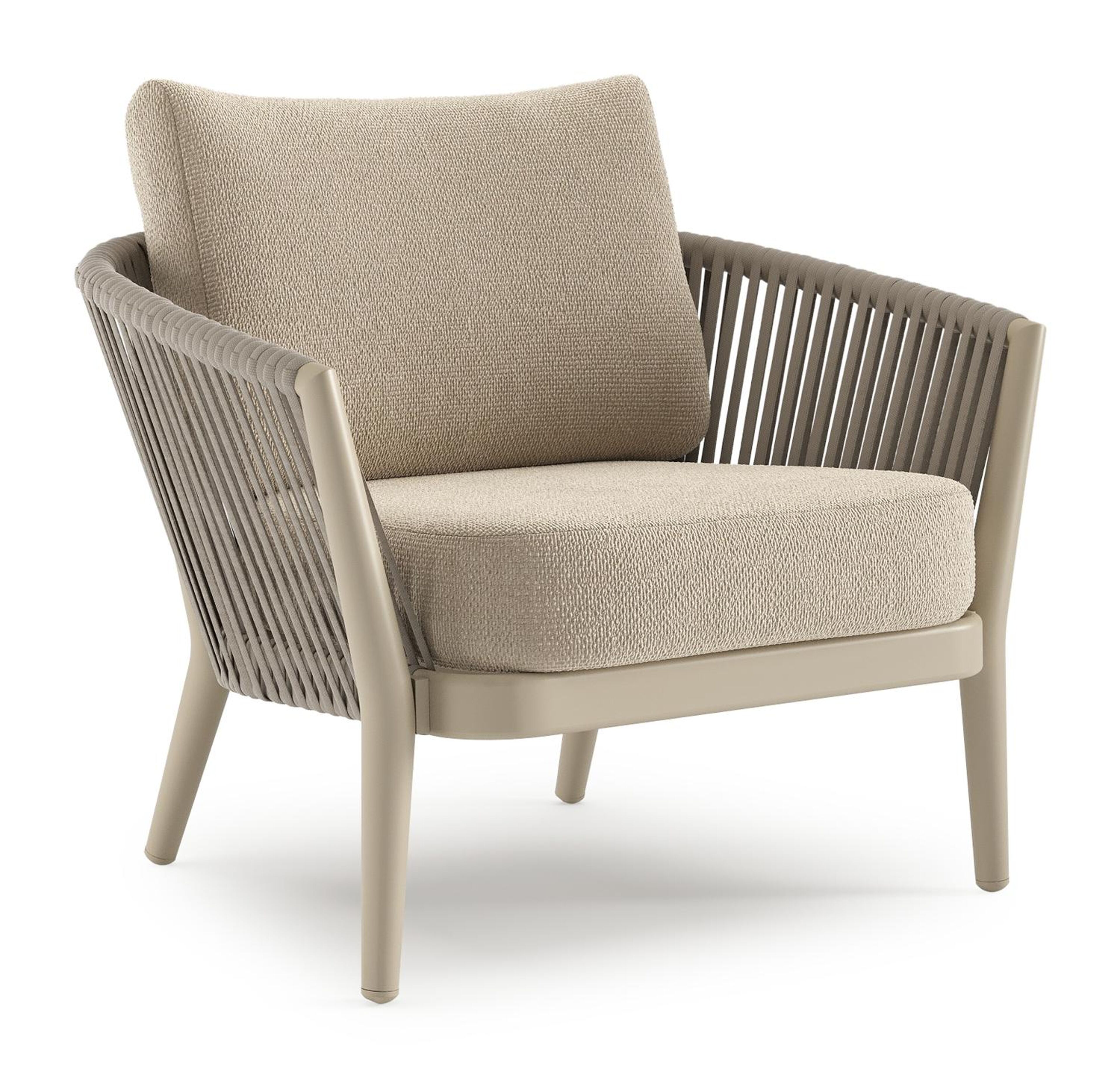 Orso loungestoel in beige aluminium en beige verticaal geweven luxe vlakke rope met Althea Chalk all weather cosytica kussen