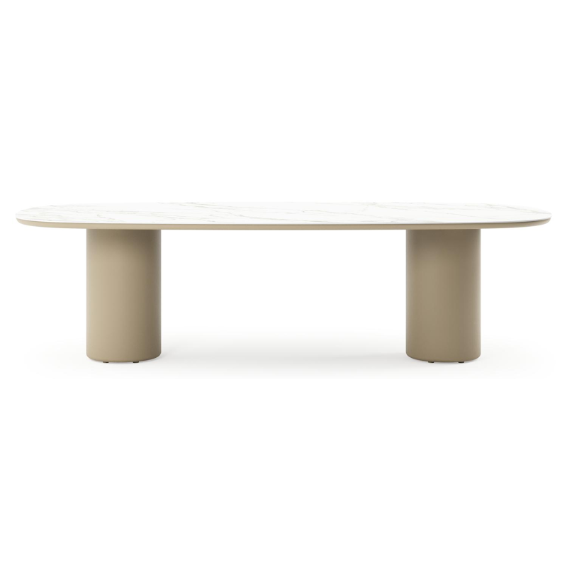 Table de jardin Amico bombo en aluminium beige et céramique pleine Calacatta - Lg. 270 x Lrg. 125 x Haut. 74 cm