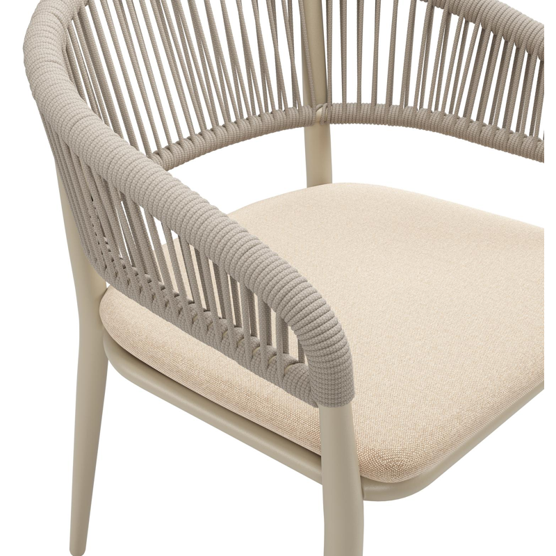 Tolfa stapelbare tuinstoel in beige aluminium en beige verticaal geweven ronde rope met stoelkussen in All Weather Sunbrella® Luxe Natte Heather Beige