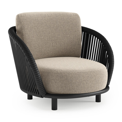 Lupino loungestoel in zwart aluminium en zwart verticaal geweven luxe vlakke brede rope met chartres pewter all weather sunbrella® luxe kussen