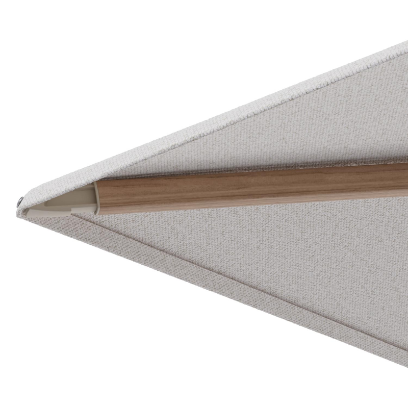 Minore zweefparasol met tiltfunctie in houtlook aluminium en Ego Eggshell All Weather Solica parasoldoek - L1 400 x L2 300 cm met parasolvoet Minore 260 kg met wielen