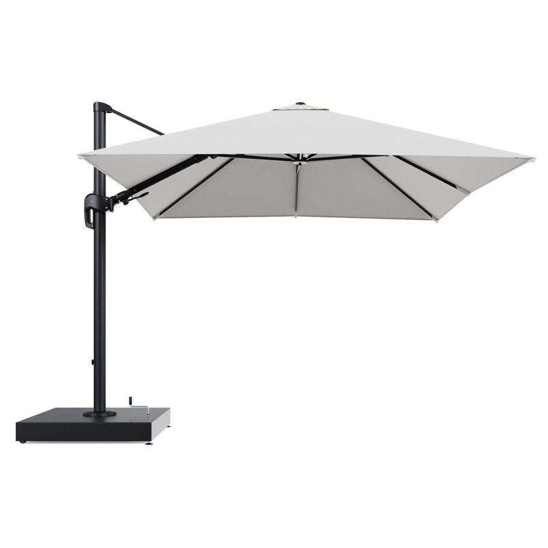 Rufina zweefparasol met tiltfunctie in zwart aluminium en Soul Optik All Weather Solica parasoldoek - L1 300 x L2 300 cm met parasolvoet Minore 260 kg met wielen