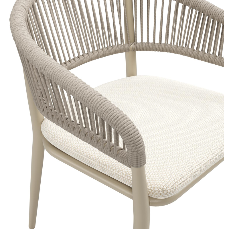 Tolfa stapelbare tuinstoel in beige aluminium en beige verticaal geweven ronde rope met stoelkussen in All Weather Cosytica Althea Off White