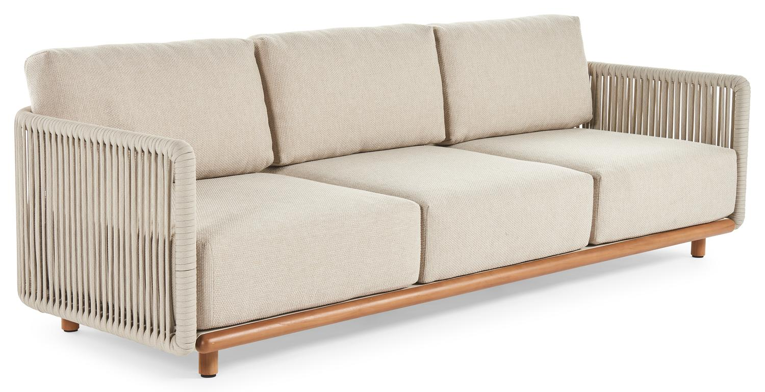 Organo loungebank 3-zit in teak en beige verticaal geweven luxe vlakke rope met althea chalk All Weather Cosytica kussen