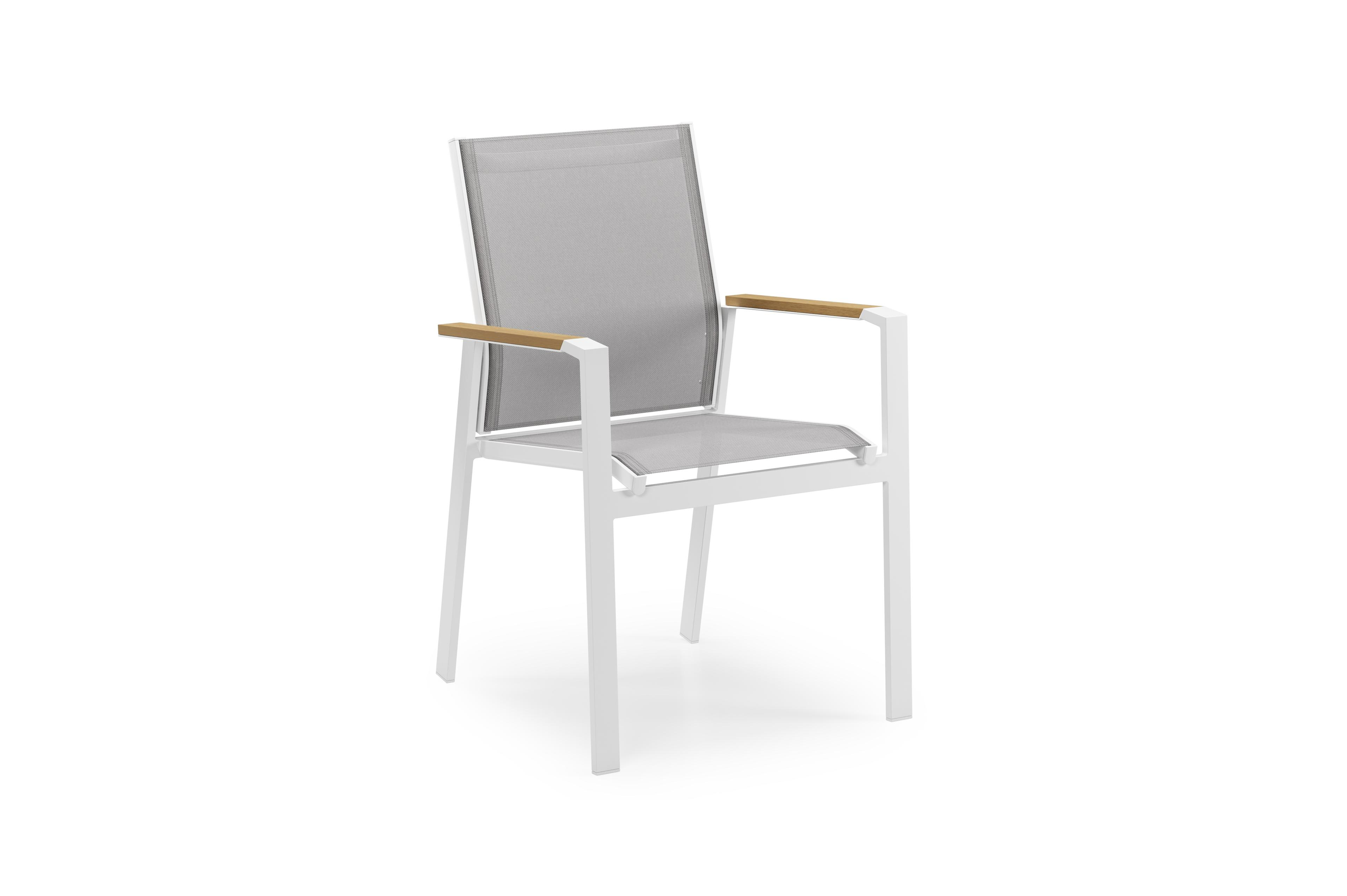 Chaise de jardin empilable Bahia in aluminium blanc et textilène gris et accoudoir en polywood armleuning