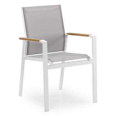 Bahia stapelbare tuinstoel in wit aluminium en grijs textilene en polywood armleuning