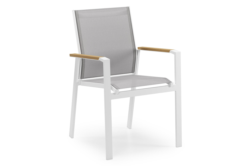 Bahia stapelbare tuinstoel in wit aluminium en grijs textilene en polywood armleuning