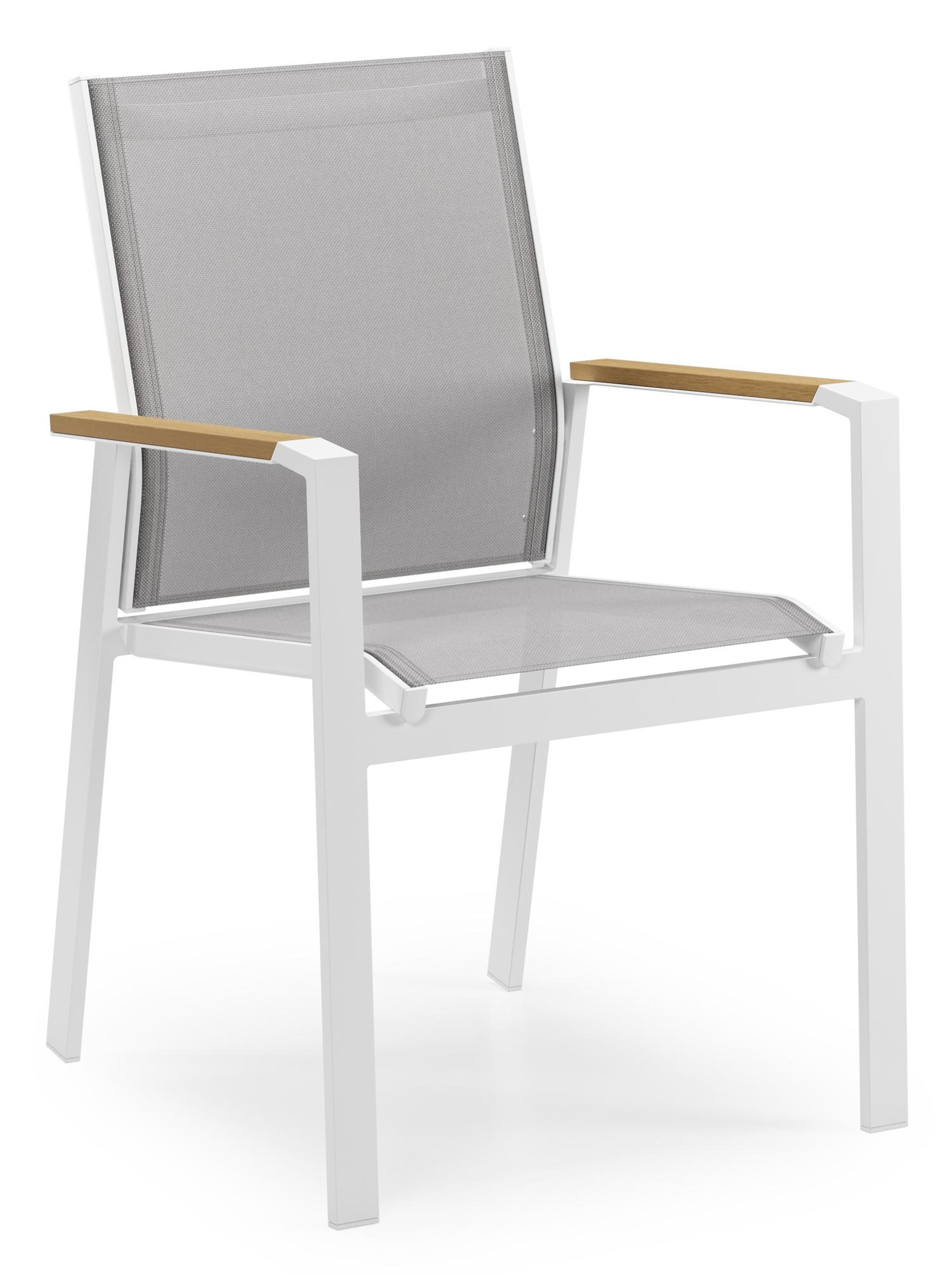 Bahia stapelbare tuinstoel in wit aluminium en grijs textilene en polywood armleuning