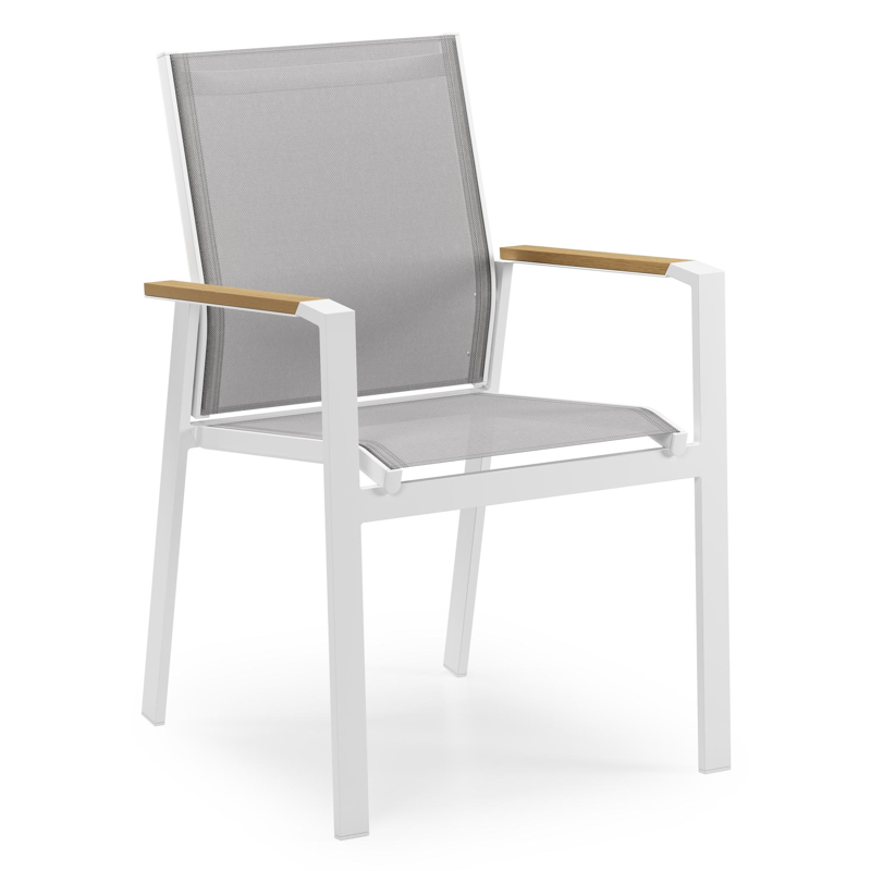 Bahia stapelbare tuinstoel in wit aluminium en grijs textilene en polywood armleuning