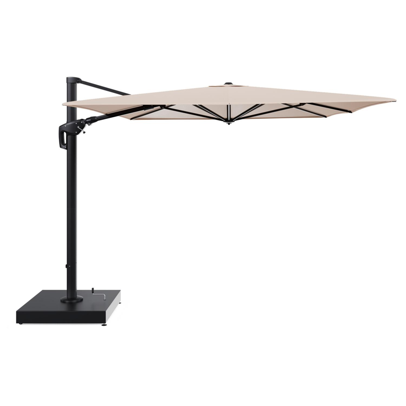 Minore zweefparasol met tiltfunctie in zwart aluminium en Natte Linen Chalk All Weather Sunbrella® Luxe parasoldoek - L1 400 x L2 300 cm met parasolvoet Minore 260 kg met wielen