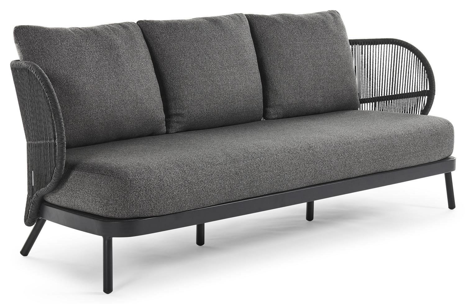 Lugano loungebank 3-zit in zwart aluminium en zwart gedraaide ronde wicker met catania black all weather cosytica kussen
