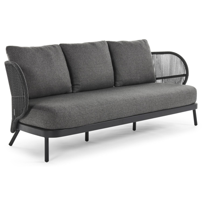 Lugano loungebank 3-zit in zwart aluminium en zwart gedraaide ronde wicker met catania black all weather cosytica kussen