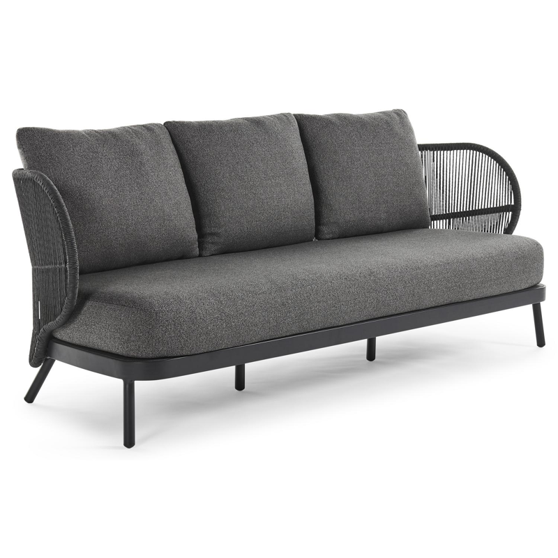 Lugano loungebank 3-zit in zwart aluminium en zwart gedraaide ronde wicker met catania black all weather cosytica kussen
