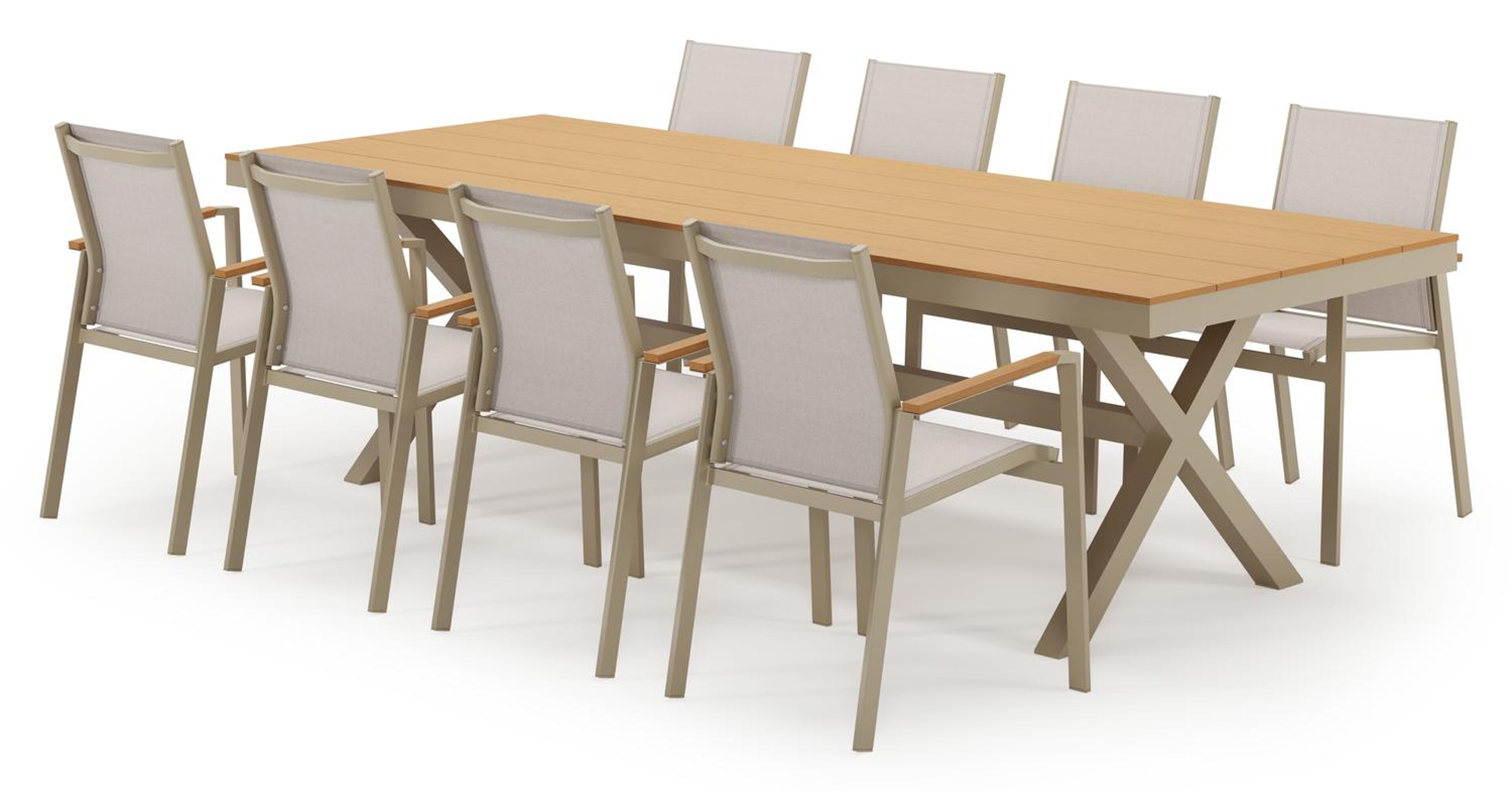Bahia tuinset in beige aluminium en polywood met 8 stapelbare Bahia tuinstoelen