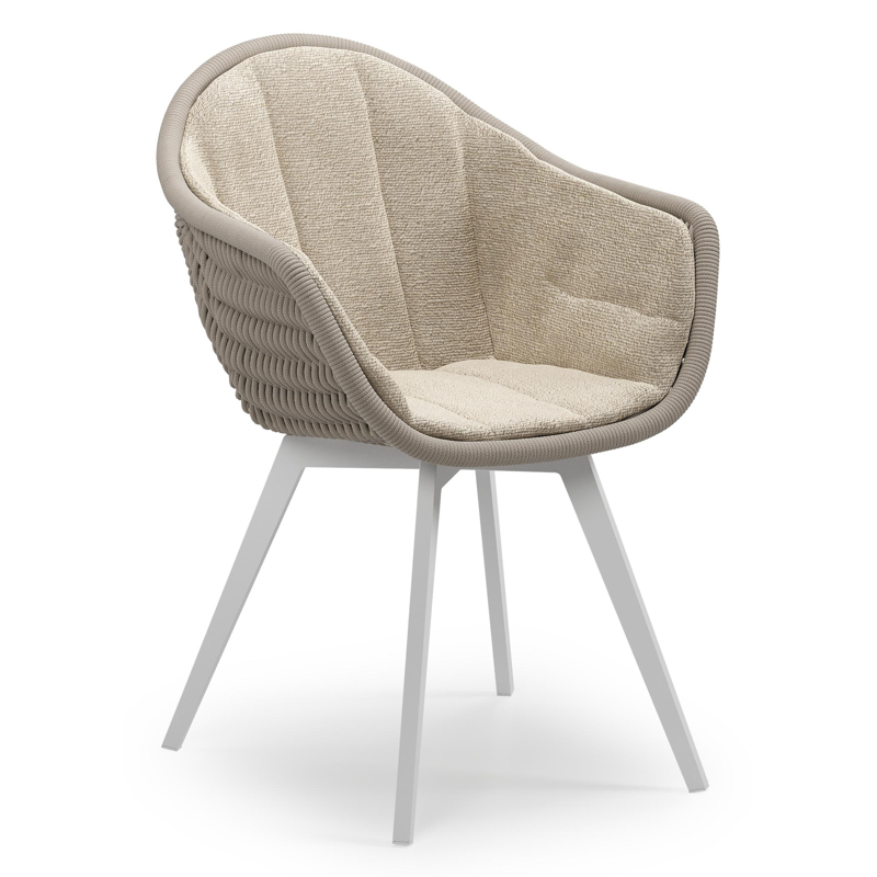 Pagino tuinstoel in wit aluminium en beige verticaal geweven ronde rope met zitkussen in All Weather Cosytica Marbella Sand