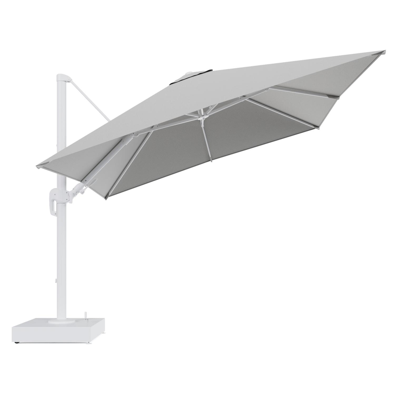 Rufina zweefparasol met tiltfunctie in wit aluminium en Savane Nimbus All Weather Sunbrella® Luxe parasoldoek - L1 300 x L2 300 cm met parasolvoet Minore 150 kg met wielen