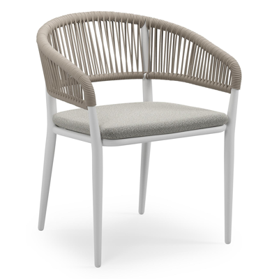 Tolfa stapelbare tuinstoel in wit aluminium en beige verticaal geweven ronde rope met stoelkussen in All Weather Sunbrella® Luxe Savane Tunder