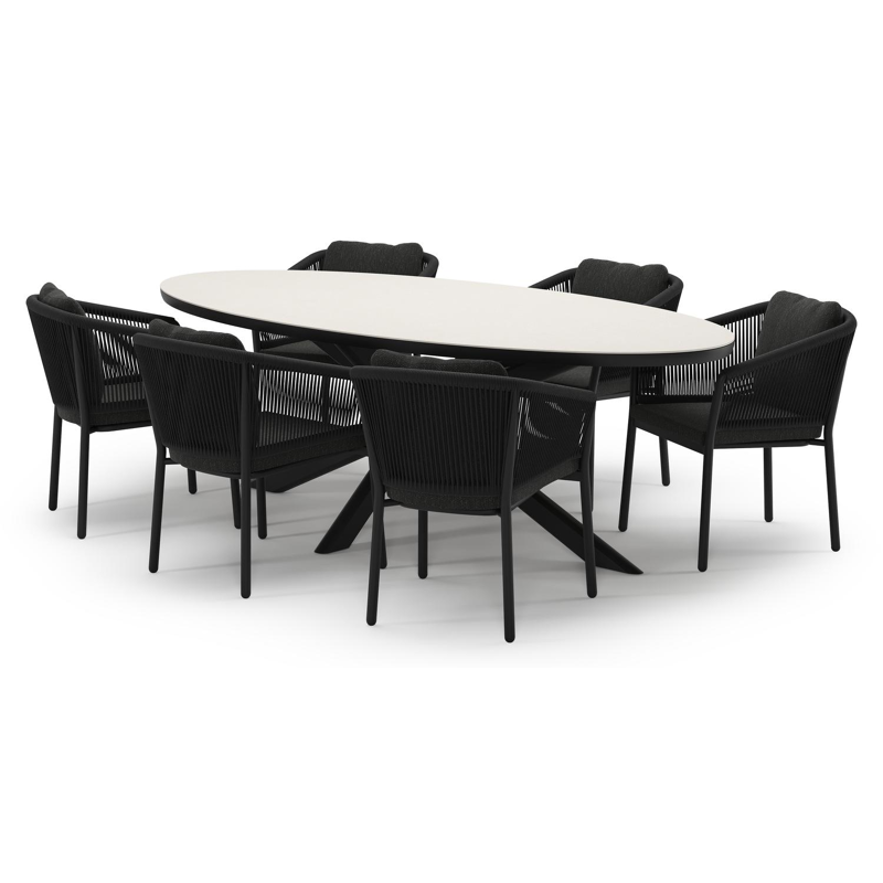 Ensemble de jardin Pamplona en aluminium noir et sintered stone crema minerale avec 6 chaises de jardin Gerona