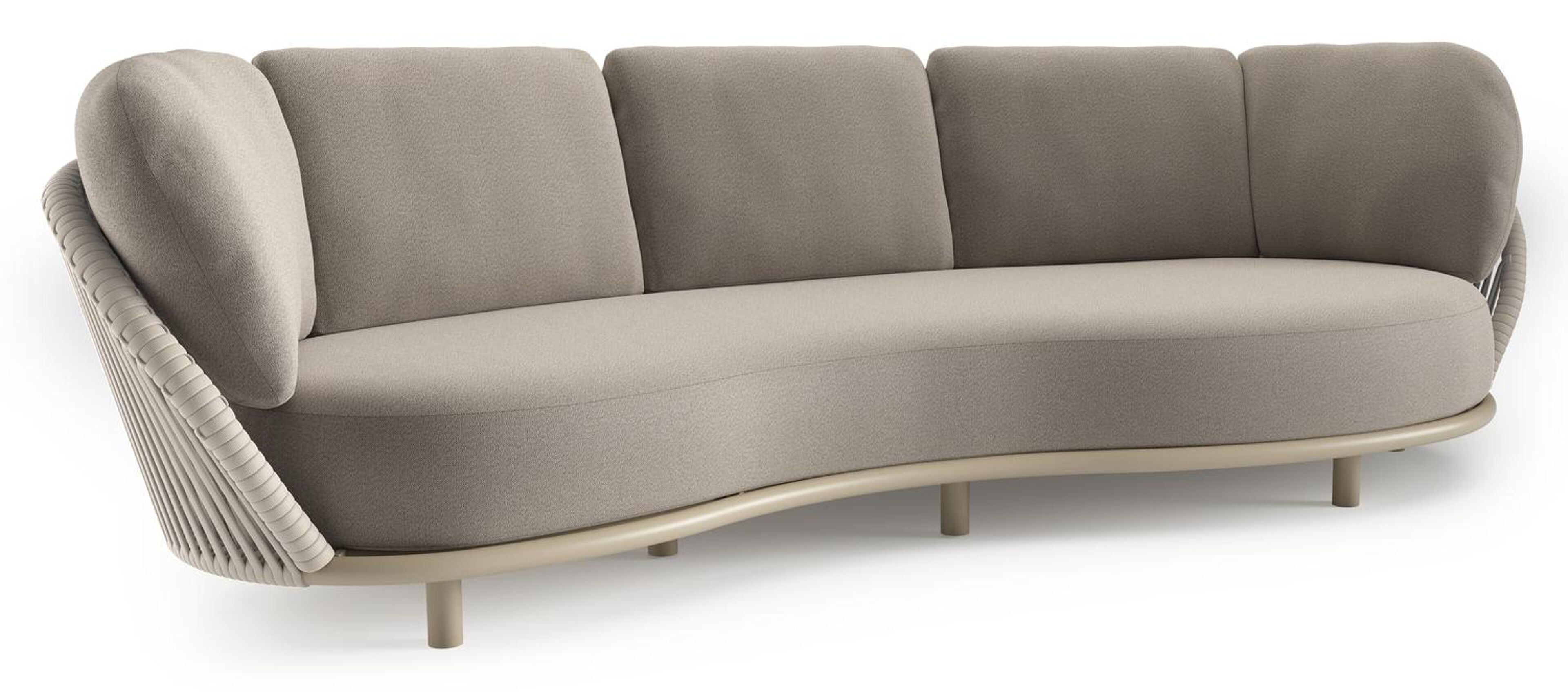 Lupino loungebank in beige aluminium en beige verticaal geweven luxe vlakke brede rope met savane coconut all weather sunbrella® luxe kussen