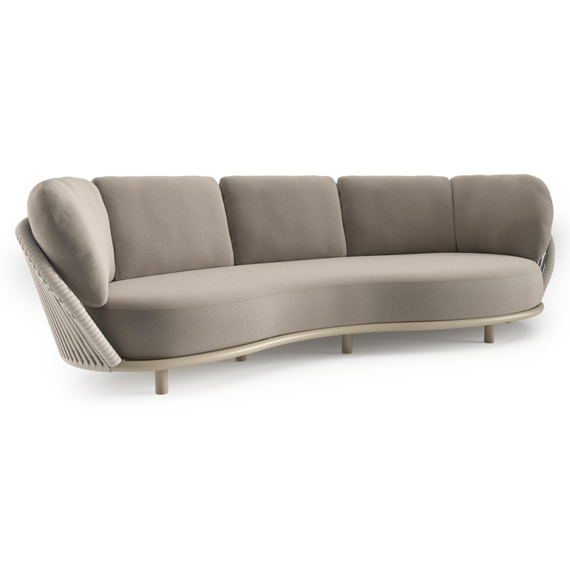 Lupino loungebank in beige aluminium en beige verticaal geweven luxe vlakke brede rope met savane coconut all weather sunbrella® luxe kussen