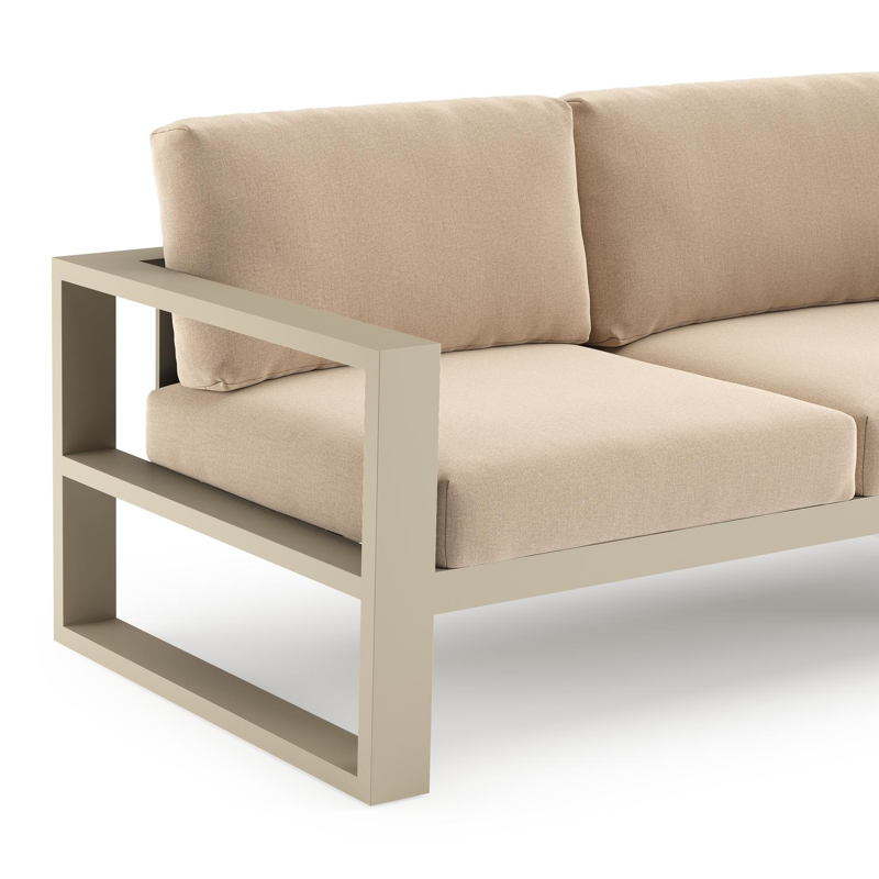 Salon de jardin d'angle Verato en aluminium beige et coussins en all weather sunbrella® luxe natte heather beige