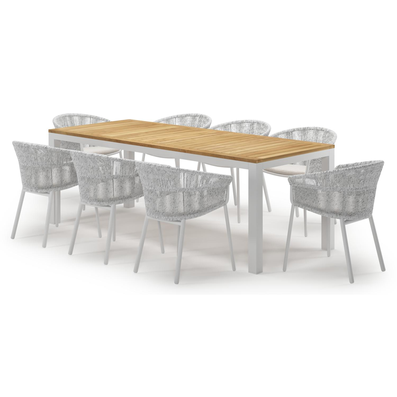 Varese tuinset in wit aluminium en teak met 8 Matera tuinstoelen