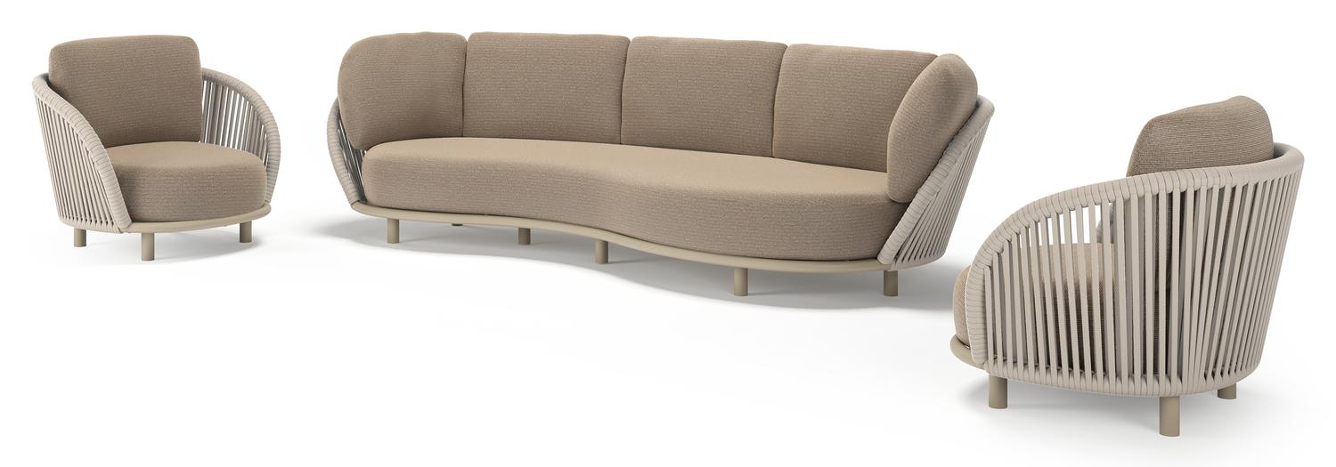 Lupino loungeset in beige aluminium en beige verticaal geweven luxe vlakke brede rope met firenze earth all weather solica kussen