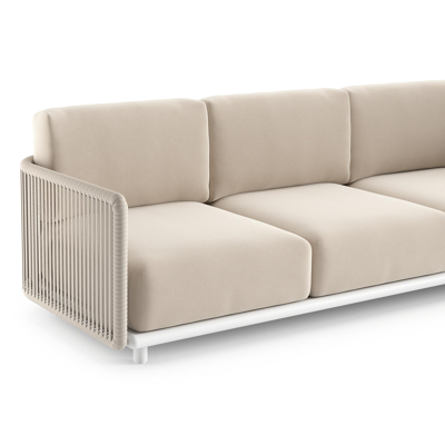 Organo loungehoek in wit aluminium en beige verticaal geweven luxe vlakke rope met lopi antique all weather Sunbrella® luxe kussen