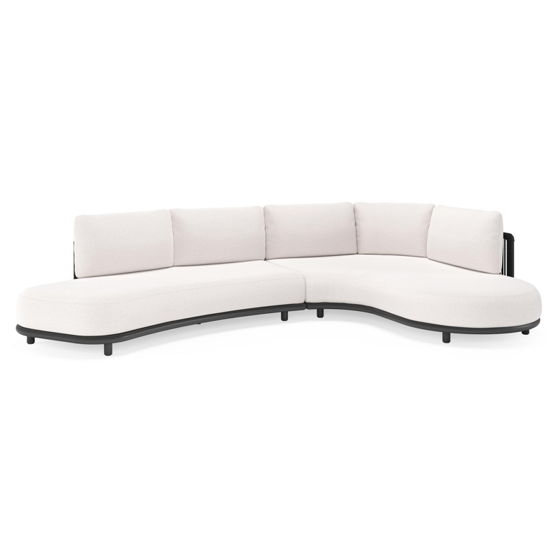 Lomano loungehoek in zwart aluminium en zwart verticaal geweven luxe vlakke rope met ego eggshell all weather solica kussen