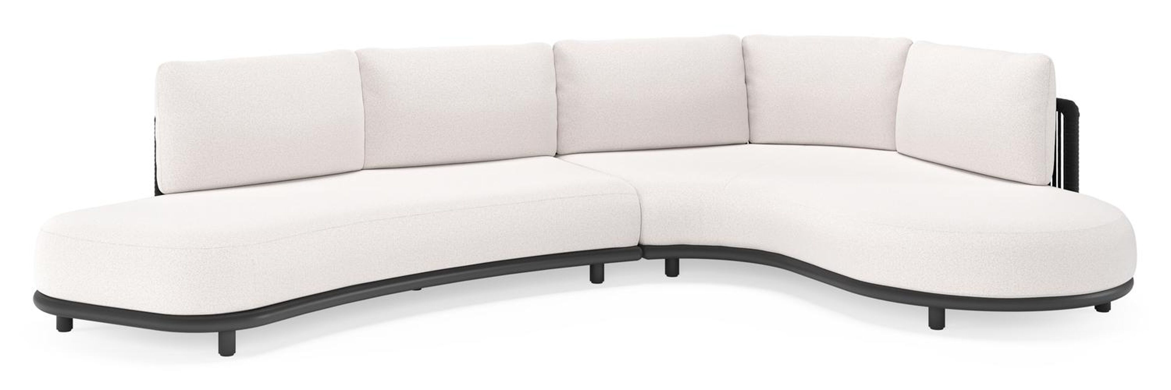 Lomano loungehoek in zwart aluminium en zwart verticaal geweven luxe vlakke rope met ego eggshell all weather solica kussen